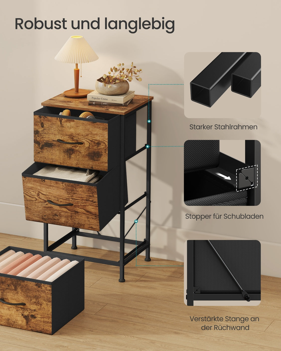 Kommode mit 3 Stoffschubladen vintagebraun-tintenschwarz