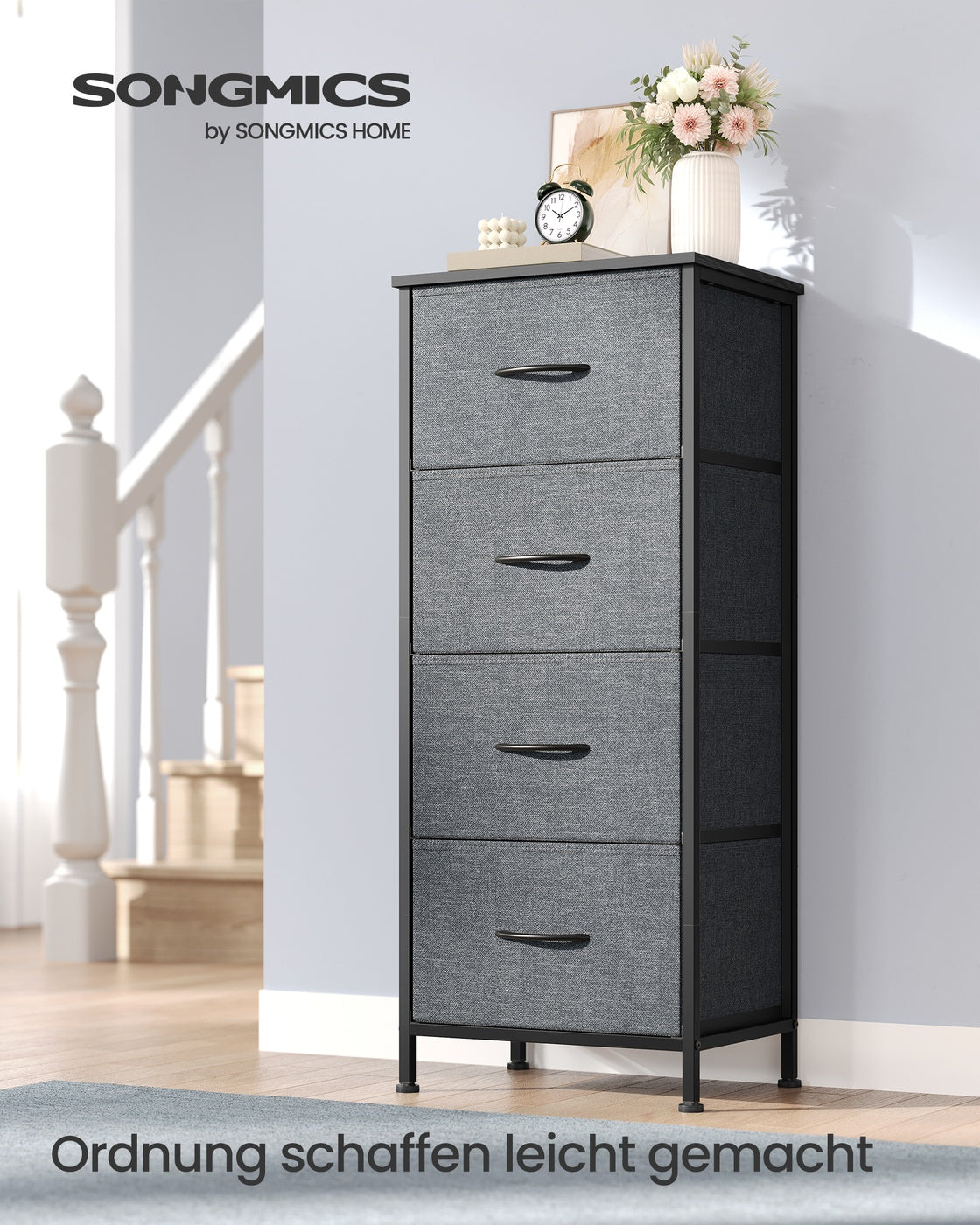 SONGMICS BELLAH Kollektion - Kommode, Schrank, Aufbewahrungsschrank, für Schlafzimmer, Flur, Wohnzimmer, Stahl, 4 Schubladen, modern, schiefergrau LGS314G101