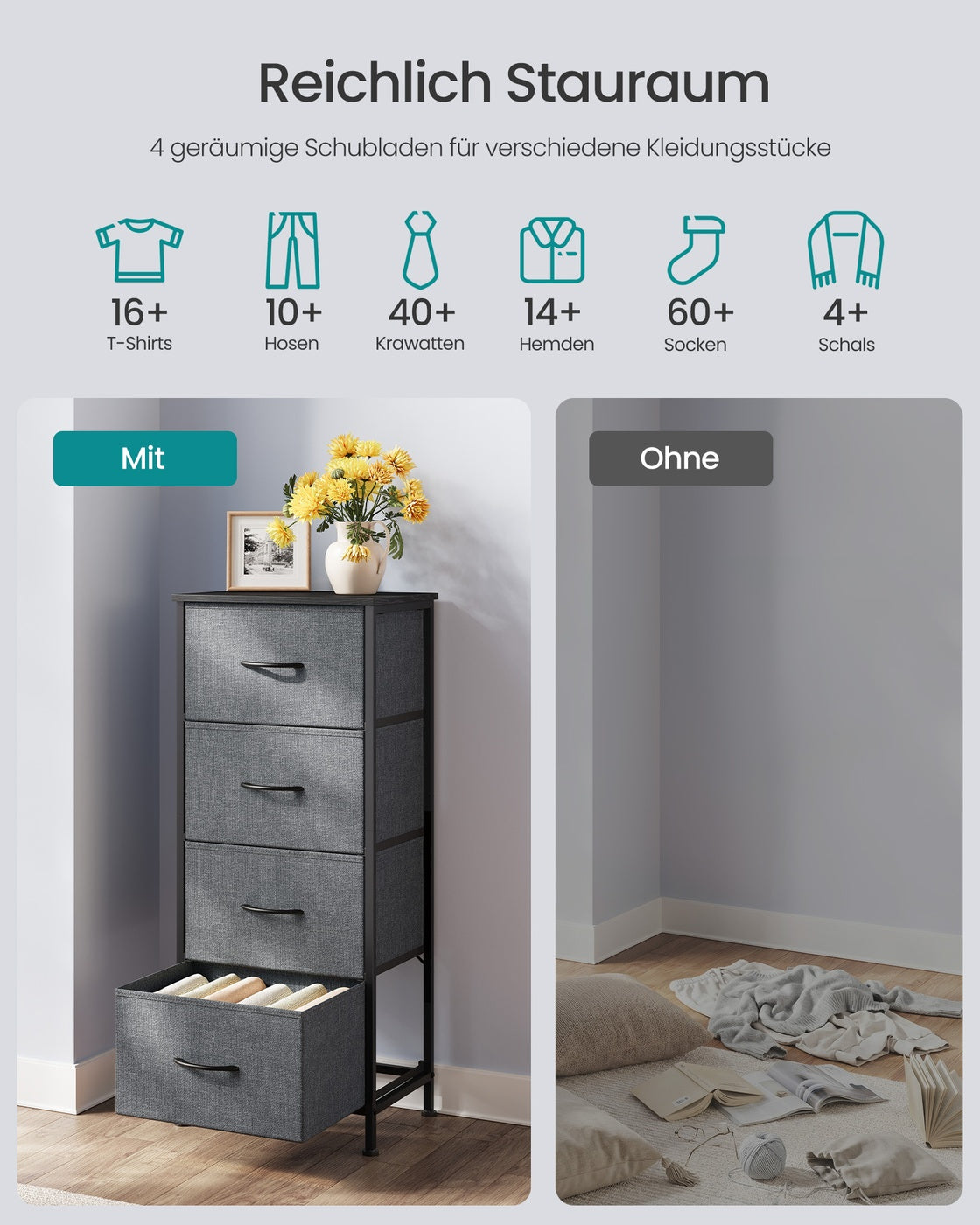 SONGMICS BELLAH Kollektion - Kommode, Schrank, Aufbewahrungsschrank, für Schlafzimmer, Flur, Wohnzimmer, Stahl, 4 Schubladen, modern, schiefergrau LGS314G101