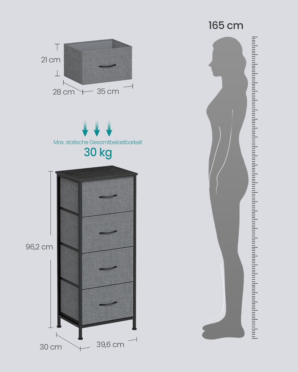 SONGMICS BELLAH Kollektion - Kommode, Schrank, Aufbewahrungsschrank, für Schlafzimmer, Flur, Wohnzimmer, Stahl, 4 Schubladen, modern, schiefergrau LGS314G101