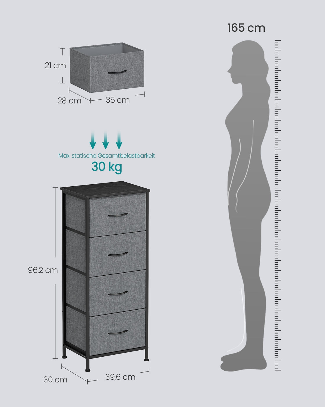SONGMICS BELLAH Kollektion - Kommode, Schrank, Aufbewahrungsschrank, für Schlafzimmer, Flur, Wohnzimmer, Stahl, 4 Schubladen, modern, schiefergrau LGS314G101
