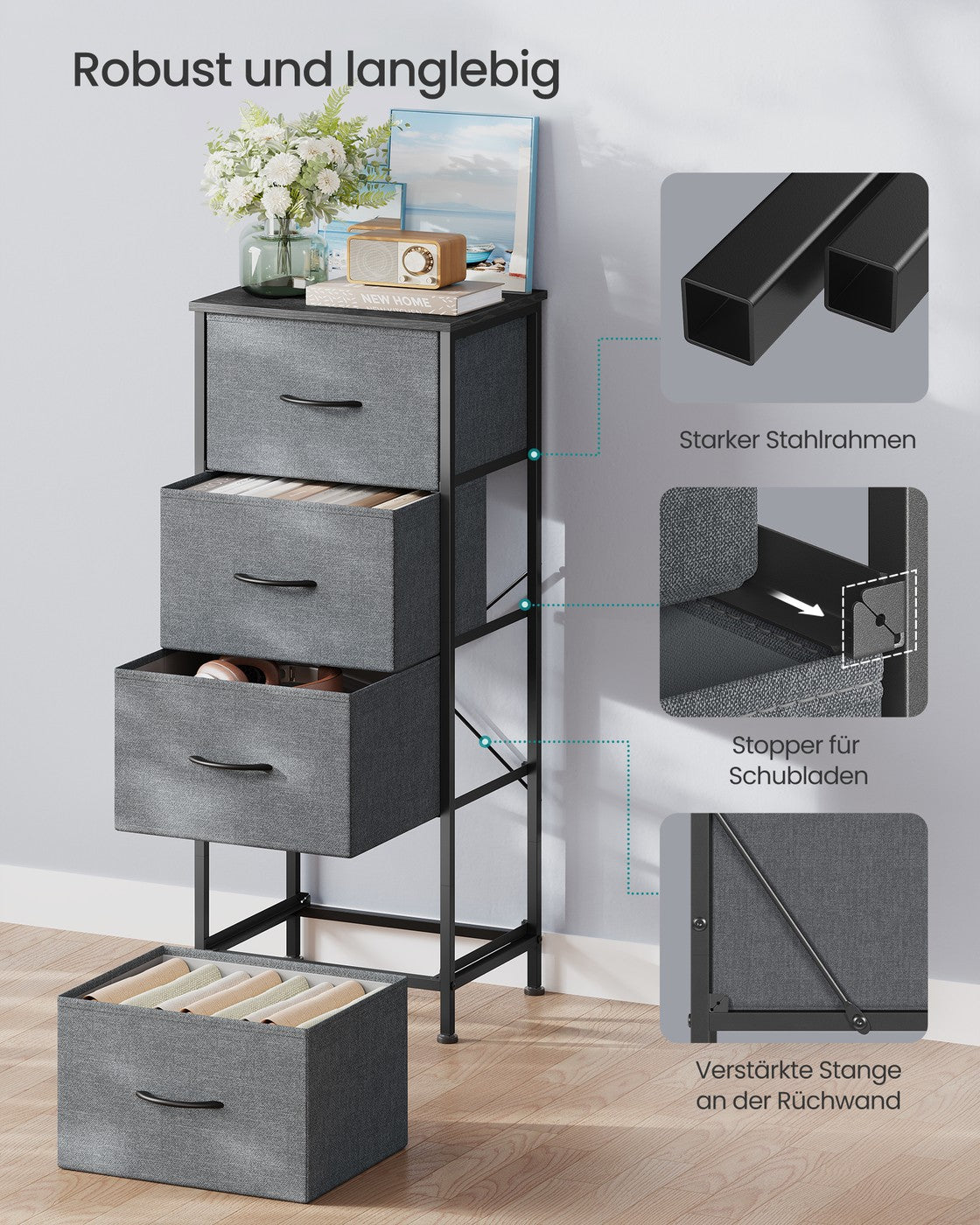 SONGMICS BELLAH Kollektion - Kommode, Schrank, Aufbewahrungsschrank, für Schlafzimmer, Flur, Wohnzimmer, Stahl, 4 Schubladen, modern, schiefergrau LGS314G101
