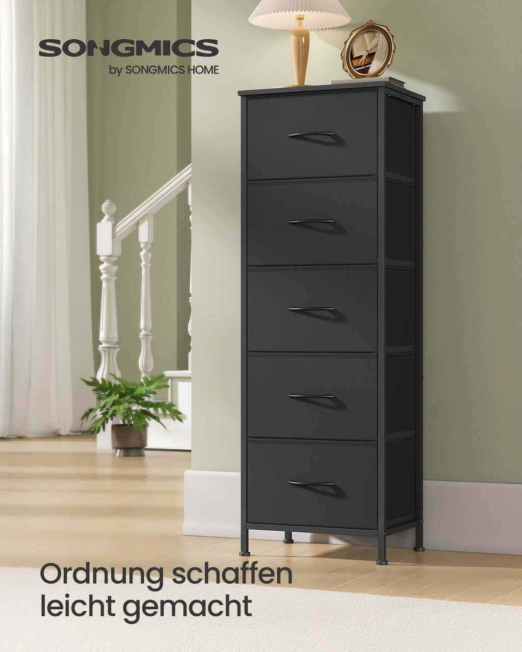 Kommode mit 5 Stoffschubladen tintenschwarz-ebenholzschwarz