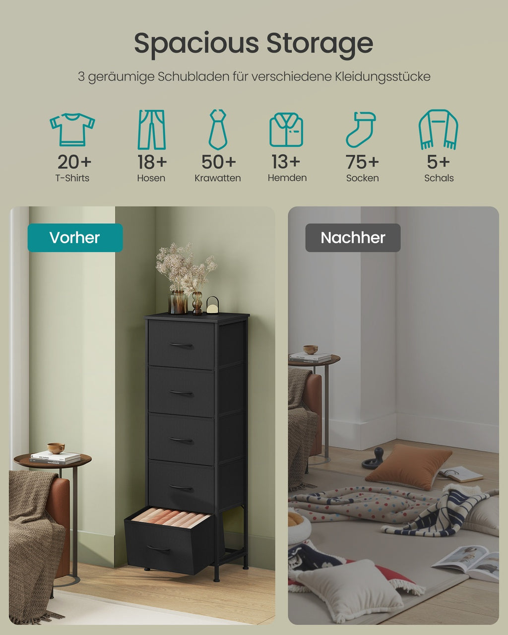 Kommode mit 5 Stoffschubladen tintenschwarz-ebenholzschwarz
