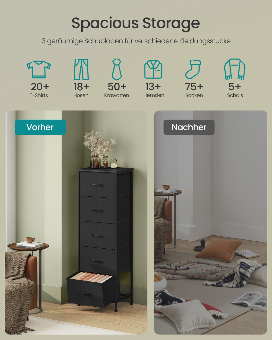 Kommode mit 5 Stoffschubladen tintenschwarz-ebenholzschwarz