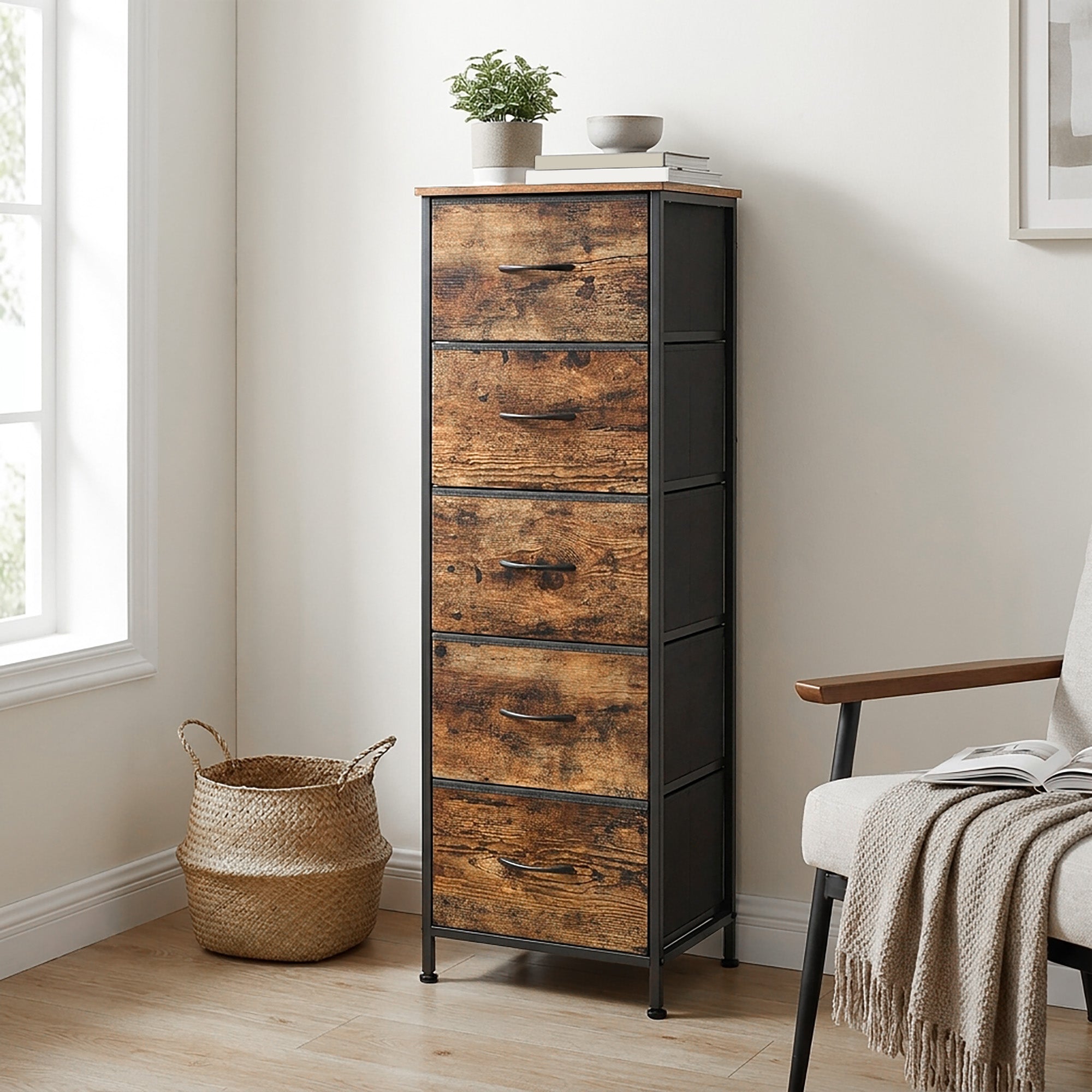 Kommode mit 5 Schubladen, Schmaler Stoffschrank für Flur, 39