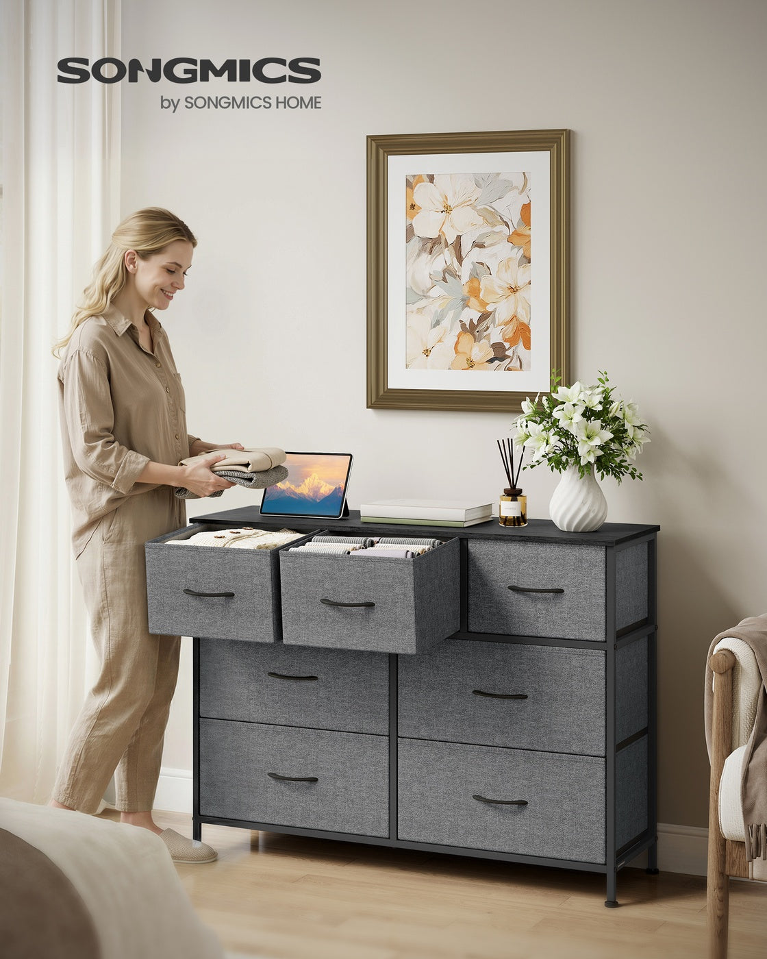 SONGMICS BELLAH Kollektion - Kommode, Schrank, Aufbewahrungsschrank, Stahl, für Schlafzimmer, Flur, Wohnzimmer, 7 Schubladen, modern, schiefergrau LGS323G101