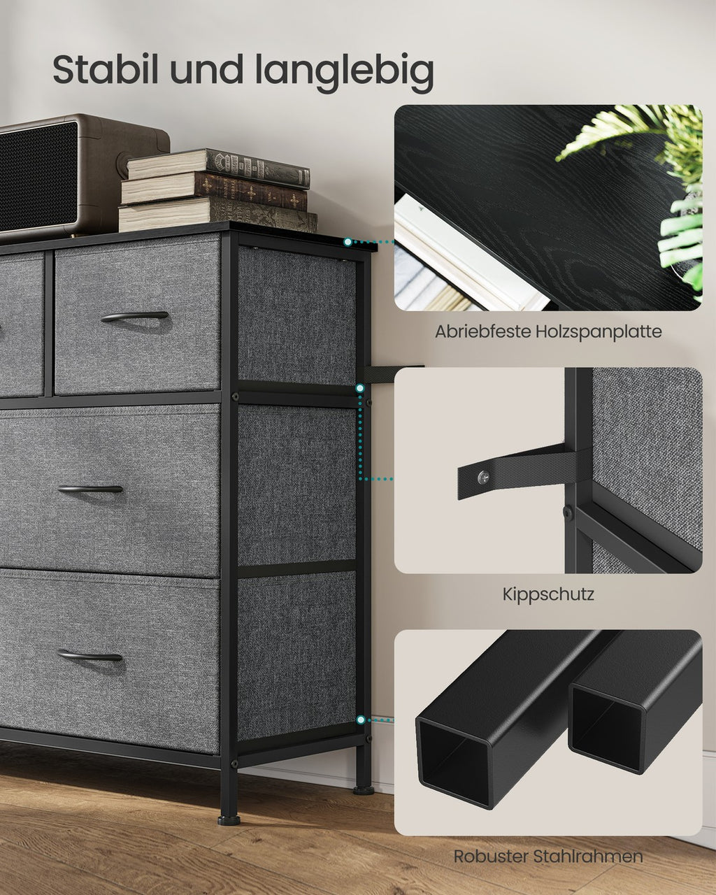 SONGMICS BELLAH Kollektion - Kommode, Schrank, Aufbewahrungsschrank, Stahl, für Schlafzimmer, Flur, Wohnzimmer, 7 Schubladen, modern, schiefergrau LGS323G101