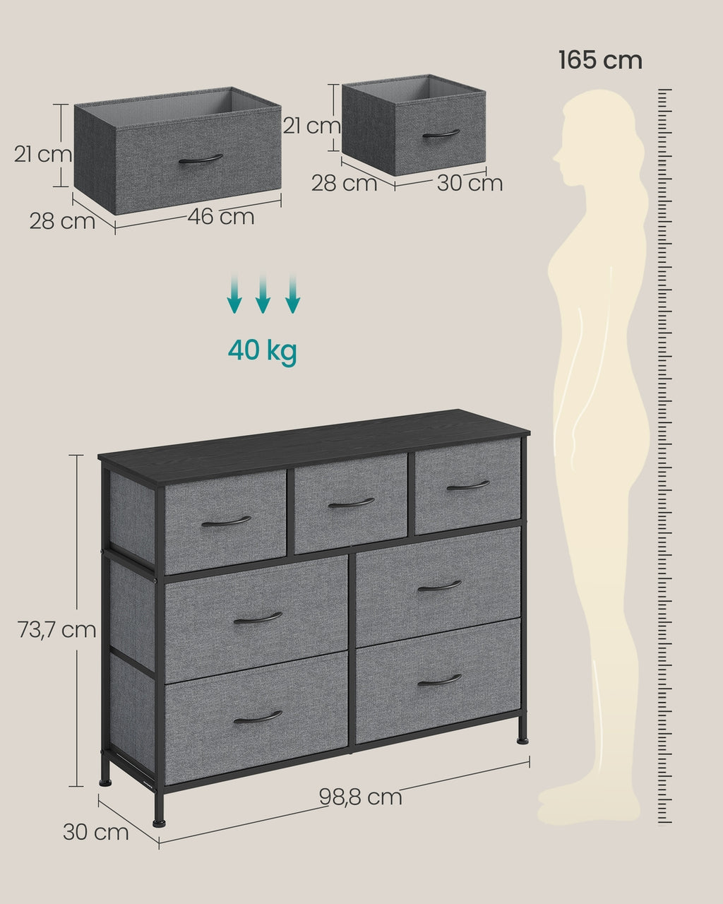 SONGMICS BELLAH Kollektion - Kommode, Schrank, Aufbewahrungsschrank, Stahl, für Schlafzimmer, Flur, Wohnzimmer, 7 Schubladen, modern, schiefergrau LGS323G101
