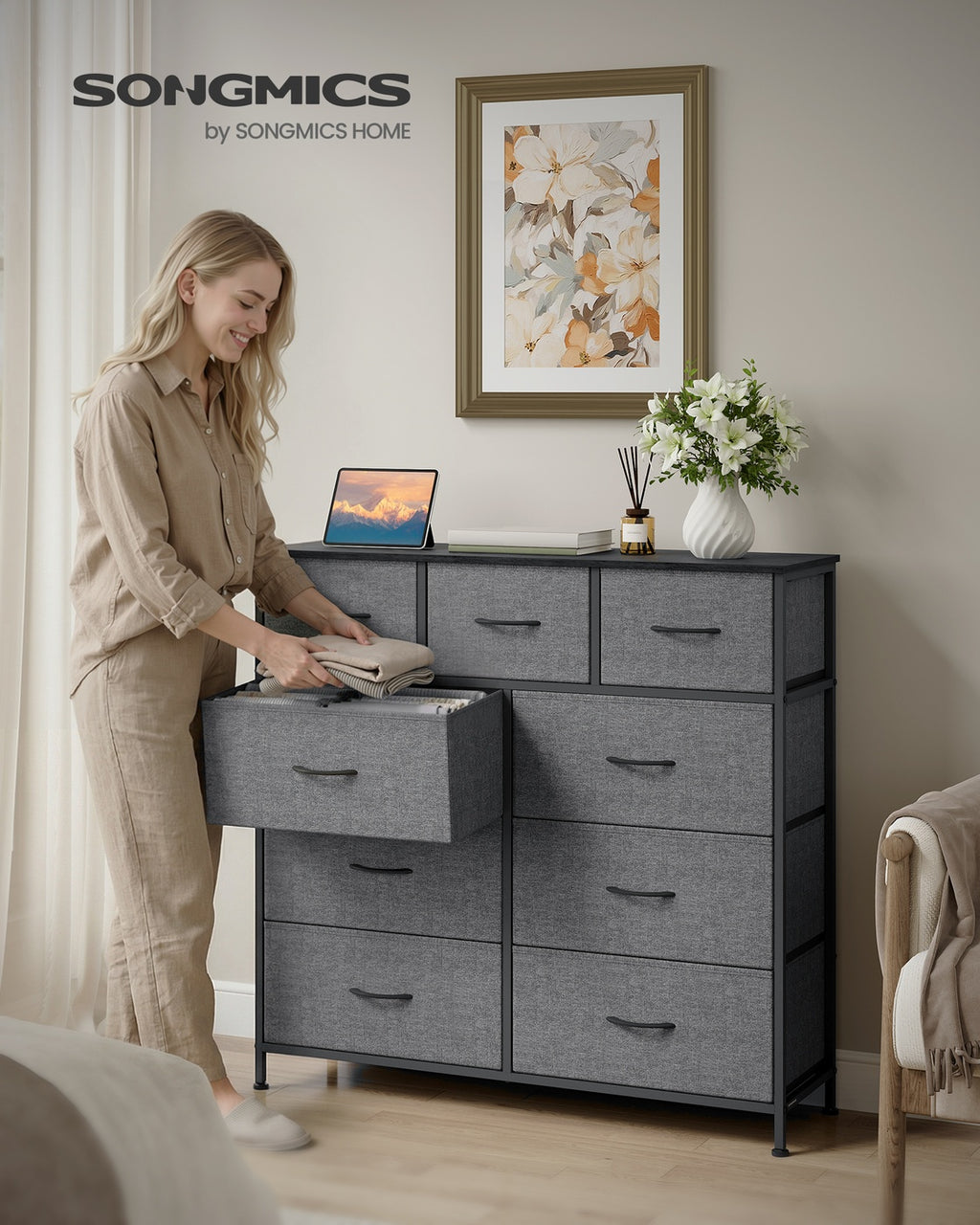 SONGMICS BELLAH Kollektion - Kommode, Schrank, Aufbewahrungsschrank, Stahl, für Schlafzimmer, Flur, Wohnzimmer, 9 Schubladen, modern, schiefergrau LGS324G101