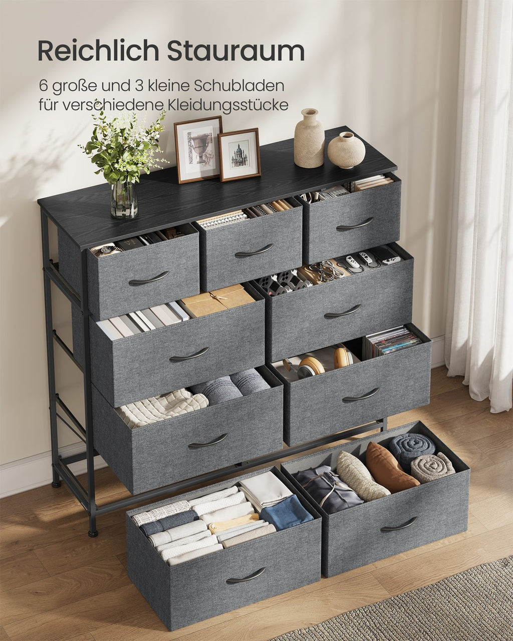 SONGMICS BELLAH Kollektion - Kommode, Schrank, Aufbewahrungsschrank, Stahl, für Schlafzimmer, Flur, Wohnzimmer, 9 Schubladen, modern, schiefergrau LGS324G101