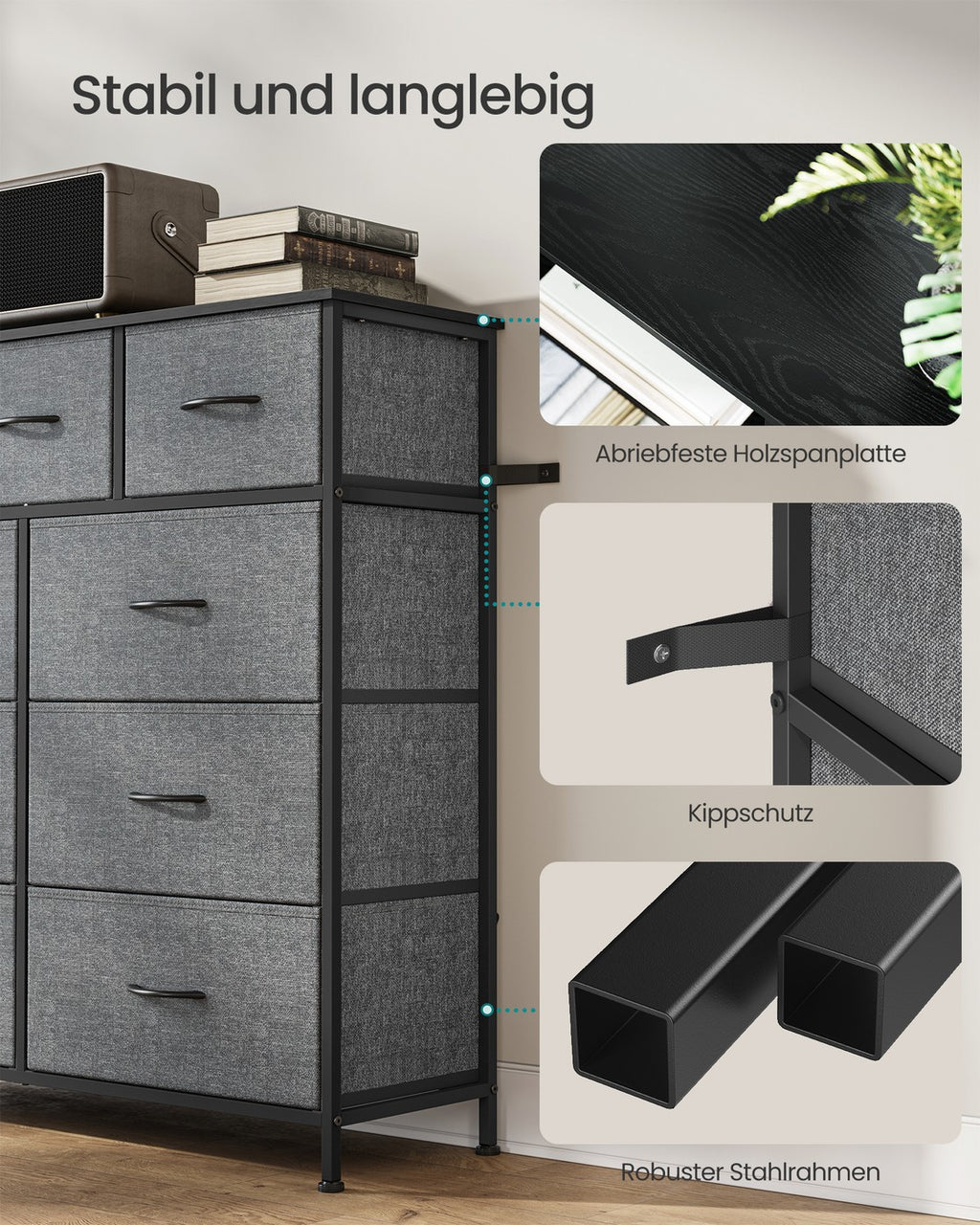 SONGMICS BELLAH Kollektion - Kommode, Schrank, Aufbewahrungsschrank, Stahl, für Schlafzimmer, Flur, Wohnzimmer, 9 Schubladen, modern, schiefergrau LGS324G101