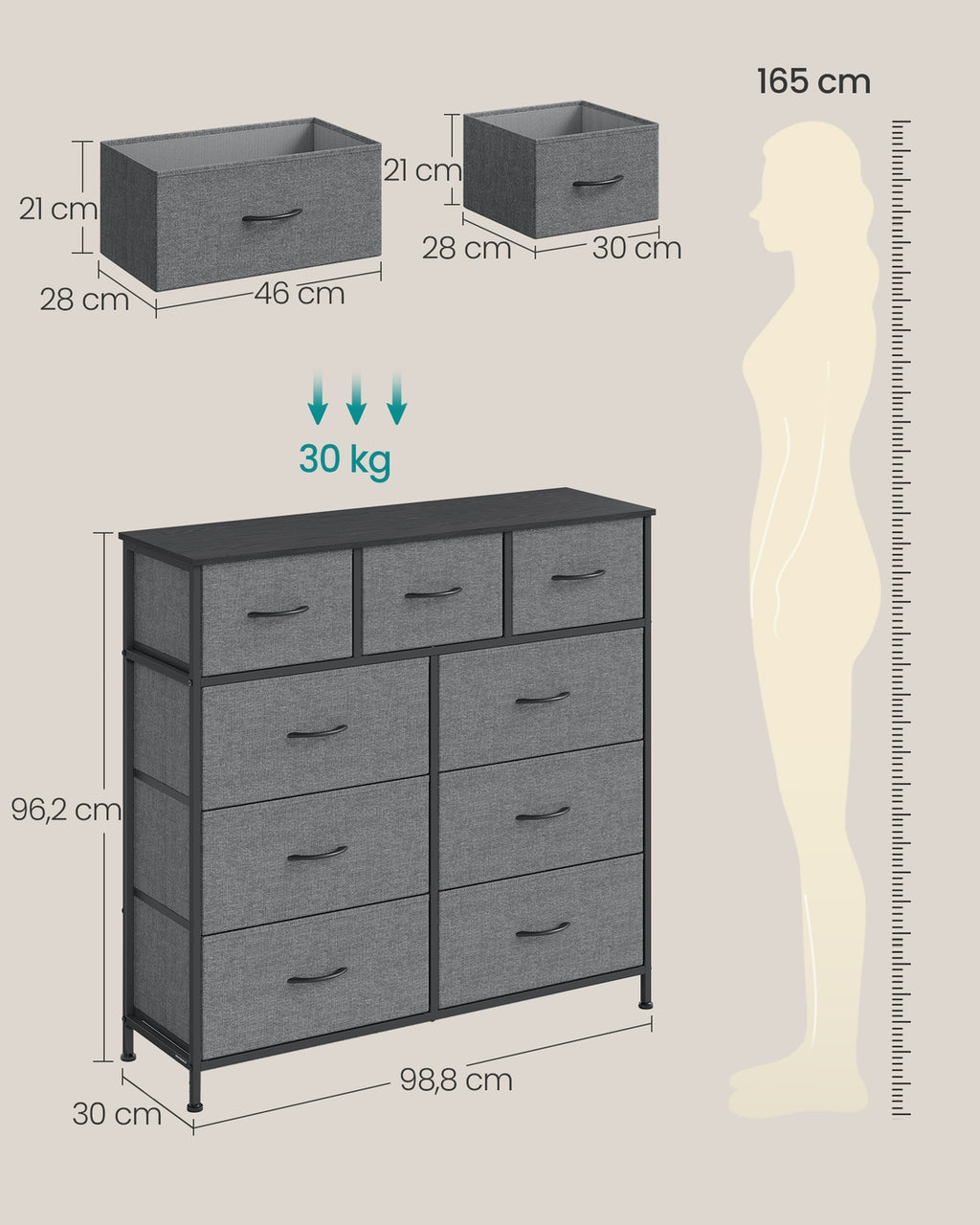 SONGMICS BELLAH Kollektion - Kommode, Schrank, Aufbewahrungsschrank, Stahl, für Schlafzimmer, Flur, Wohnzimmer, 9 Schubladen, modern, schiefergrau LGS324G101