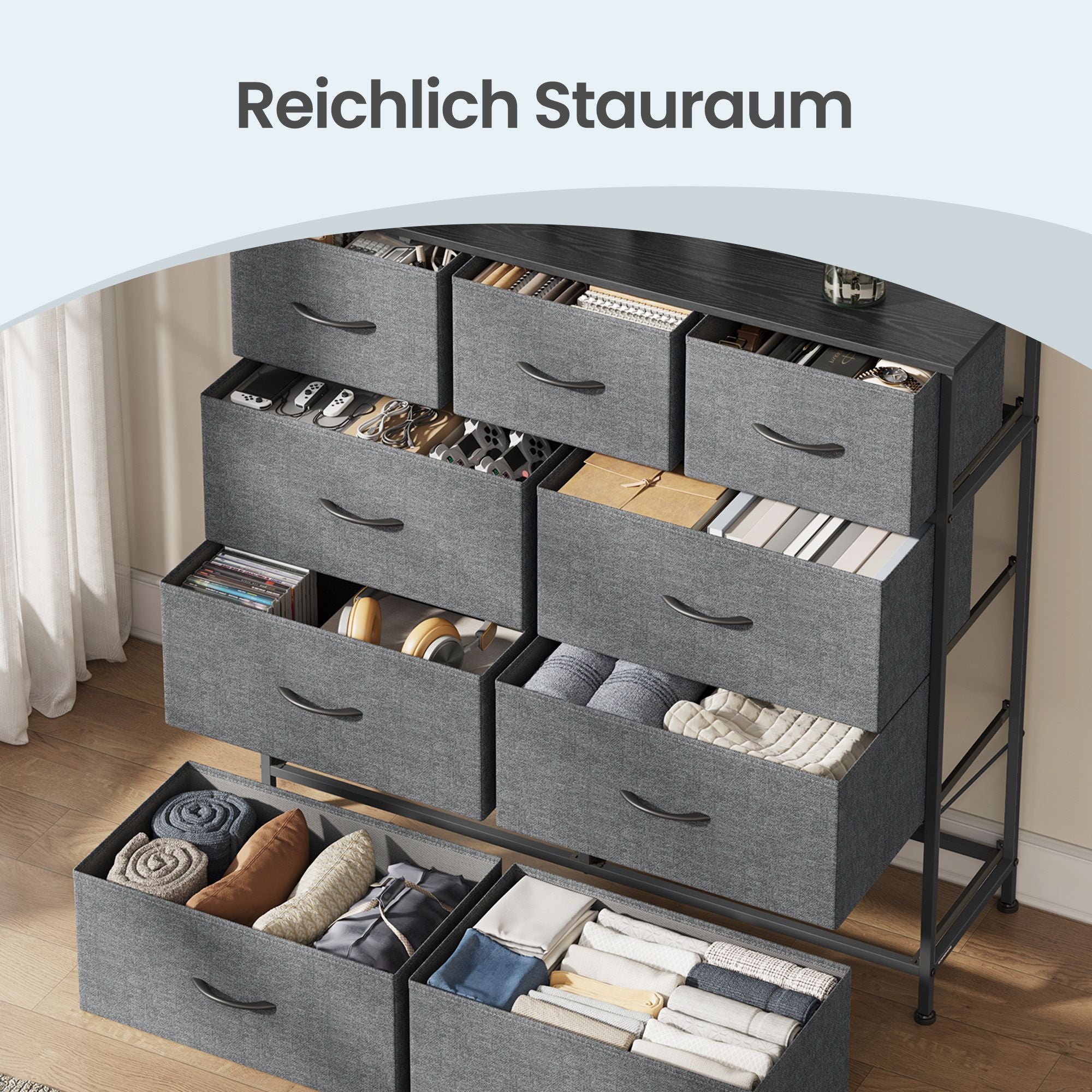 Kommode, Schrank, 9 Stoffschubladen