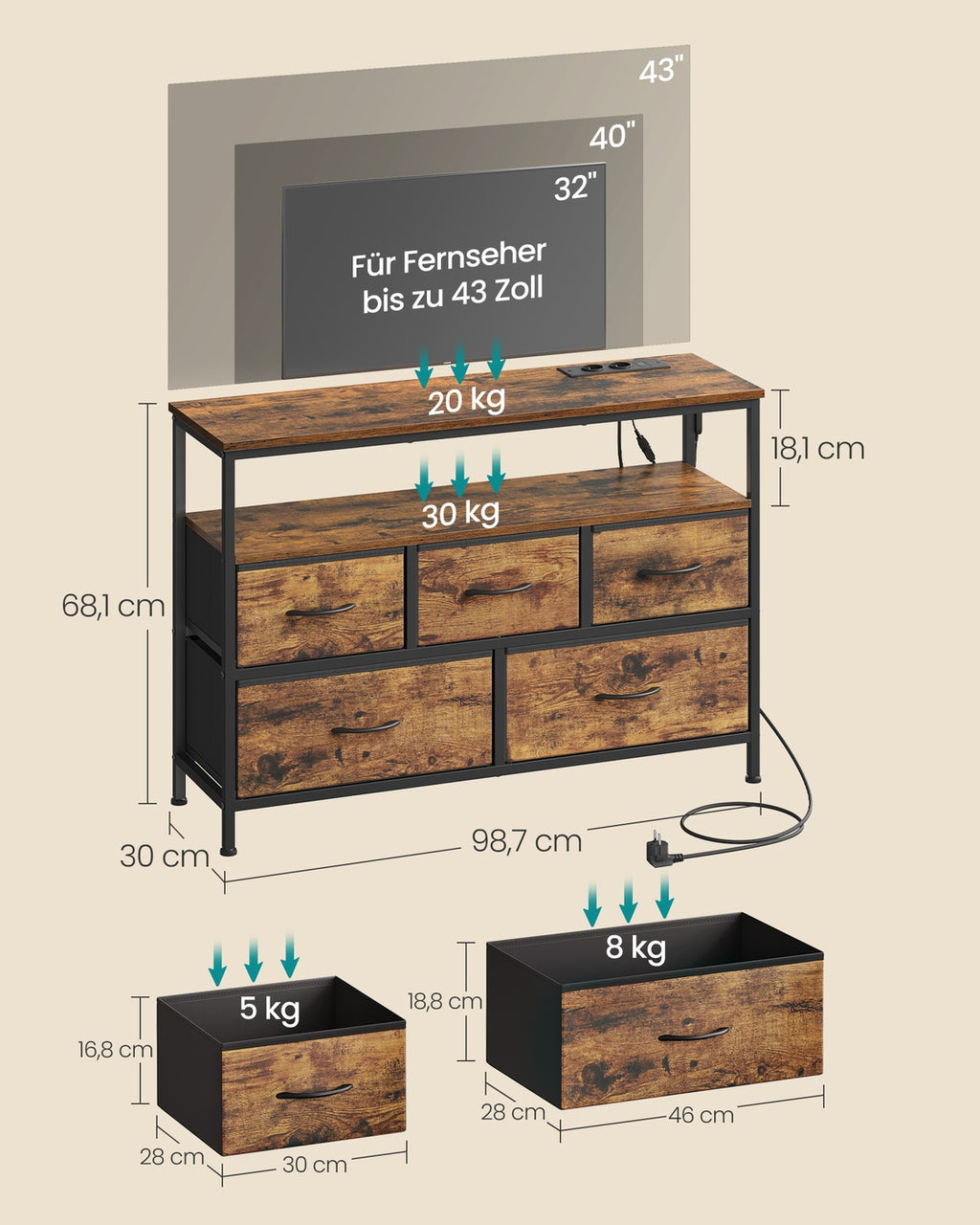 BELLAH Kollektion - Kommode mit 5 Schubladen und 1 Ablage vintagebraun-tintenschwarz