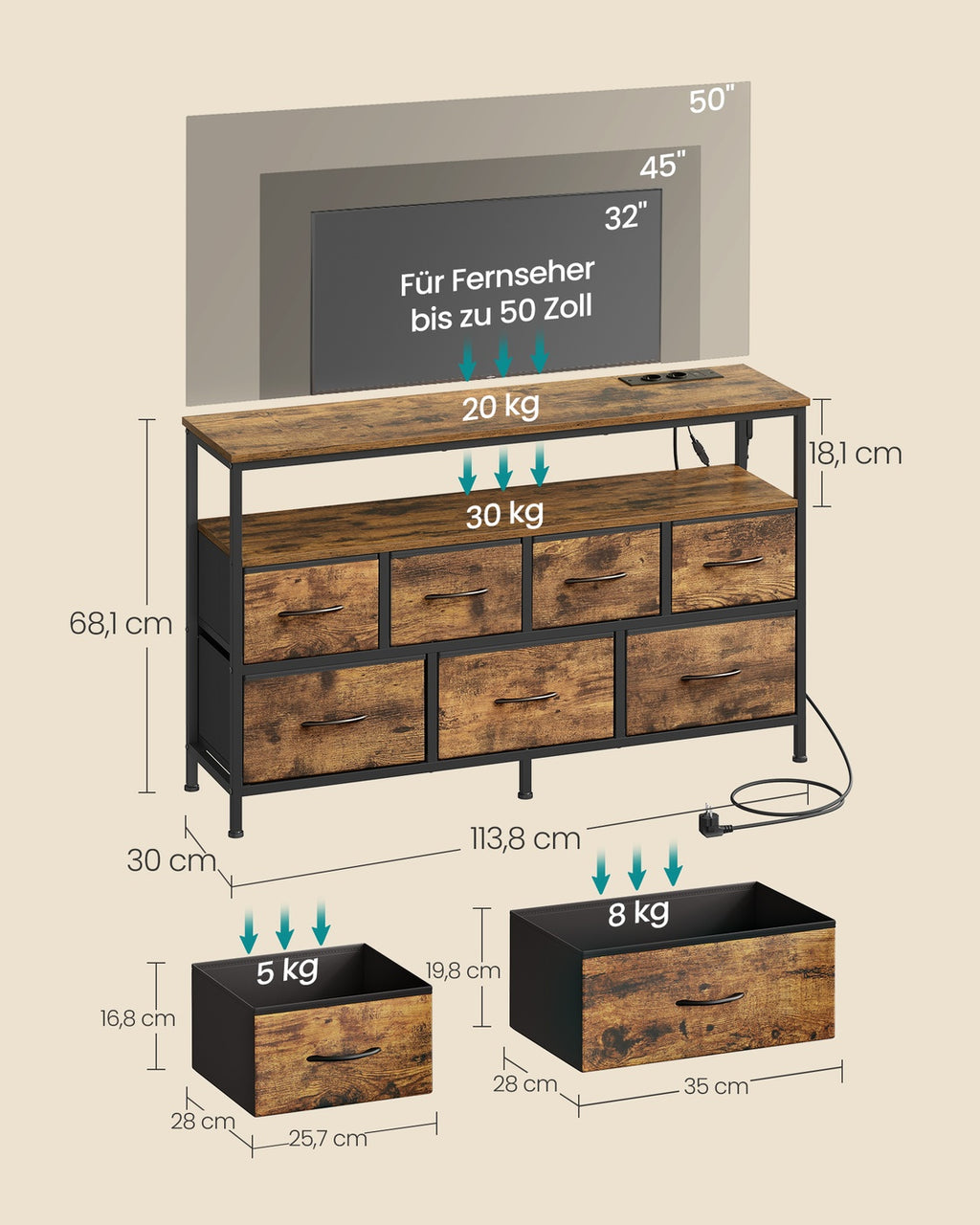 BELLAH Kollektion - Kommode mit 7 Schubladen und 1 Ablage vintagebraun-tintenschwarz