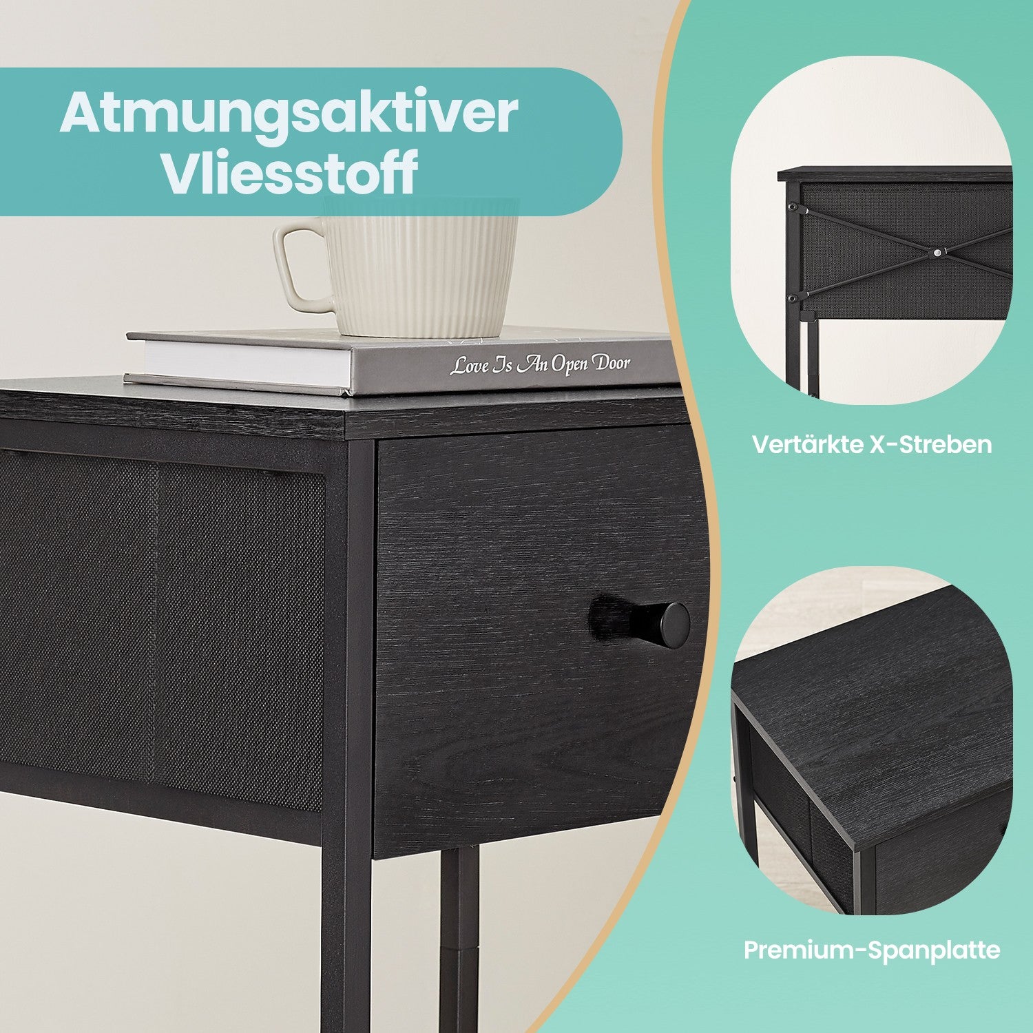 Beistelltisch, Nachttisch, mit Ablage und Stoff-Schublade