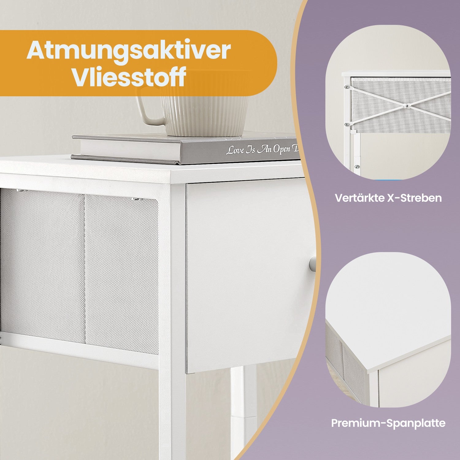 Beistelltisch, Nachttisch, mit Ablage und Stoff-Schublade