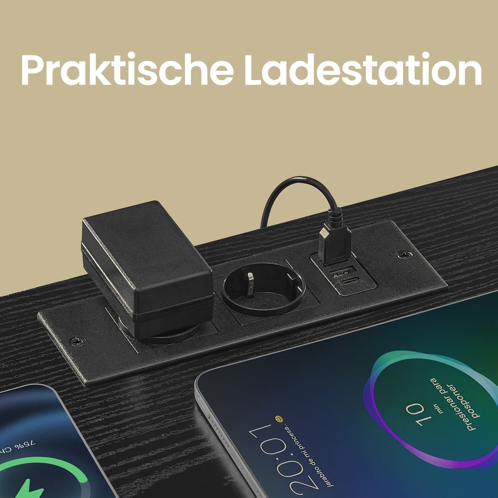 Nachttisch mit LED-Beleuchtung und Ladestation, Nachttisch mit 2 Schubladen und offenem Fach, schwarz