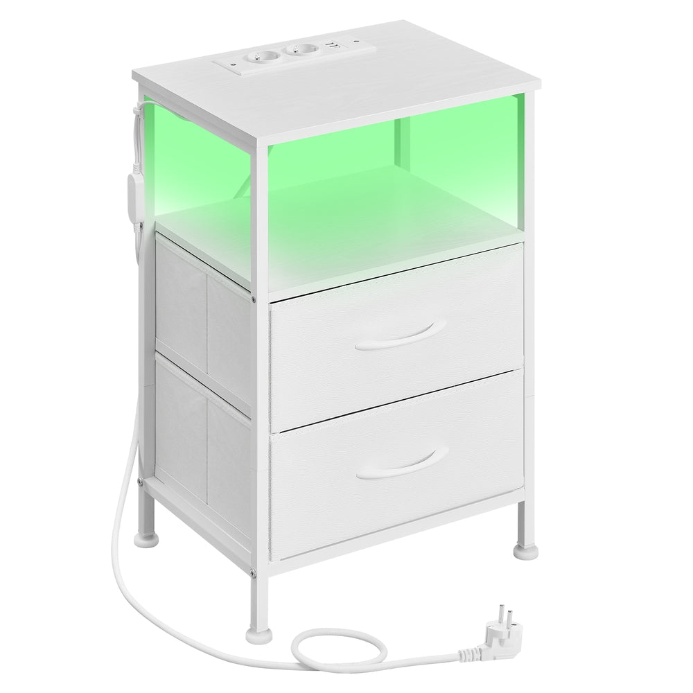 Nachttisch mit LED-Beleuchtung und Ladestation, Nachttisch mit 2 Schubladen und offenem Fach, weiß