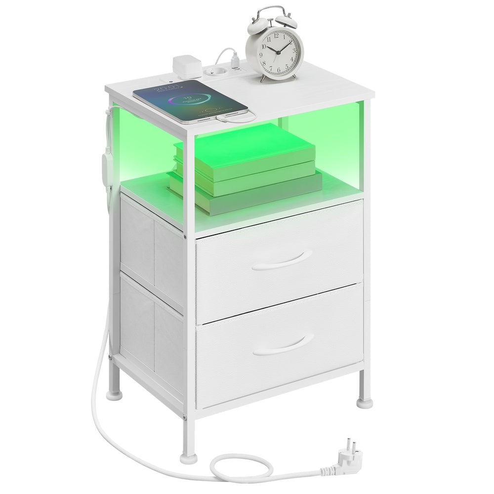 Nachttisch mit LED-Beleuchtung und Ladestation, Nachttisch mit 2 Schubladen und offenem Fach, weiß