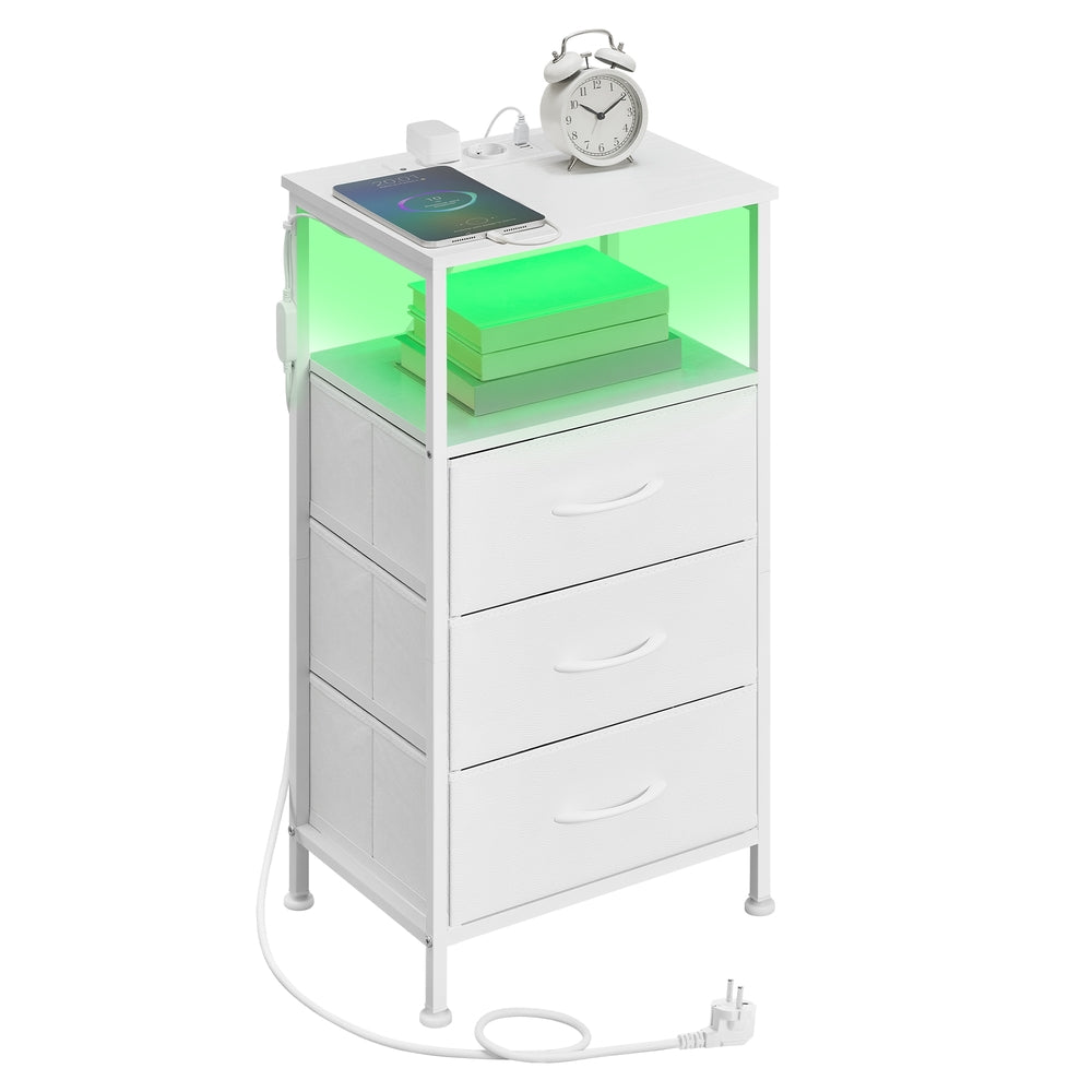 Nachttisch mit LED-Beleuchtung und Ladestation, Nachttisch mit 3 Schubladen und offenem Fach, weiß