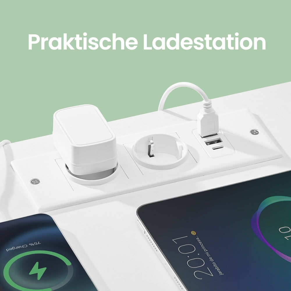 Nachttisch mit LED-Beleuchtung und Ladestation, Nachttisch mit 3 Schubladen und offenem Fach, weiß