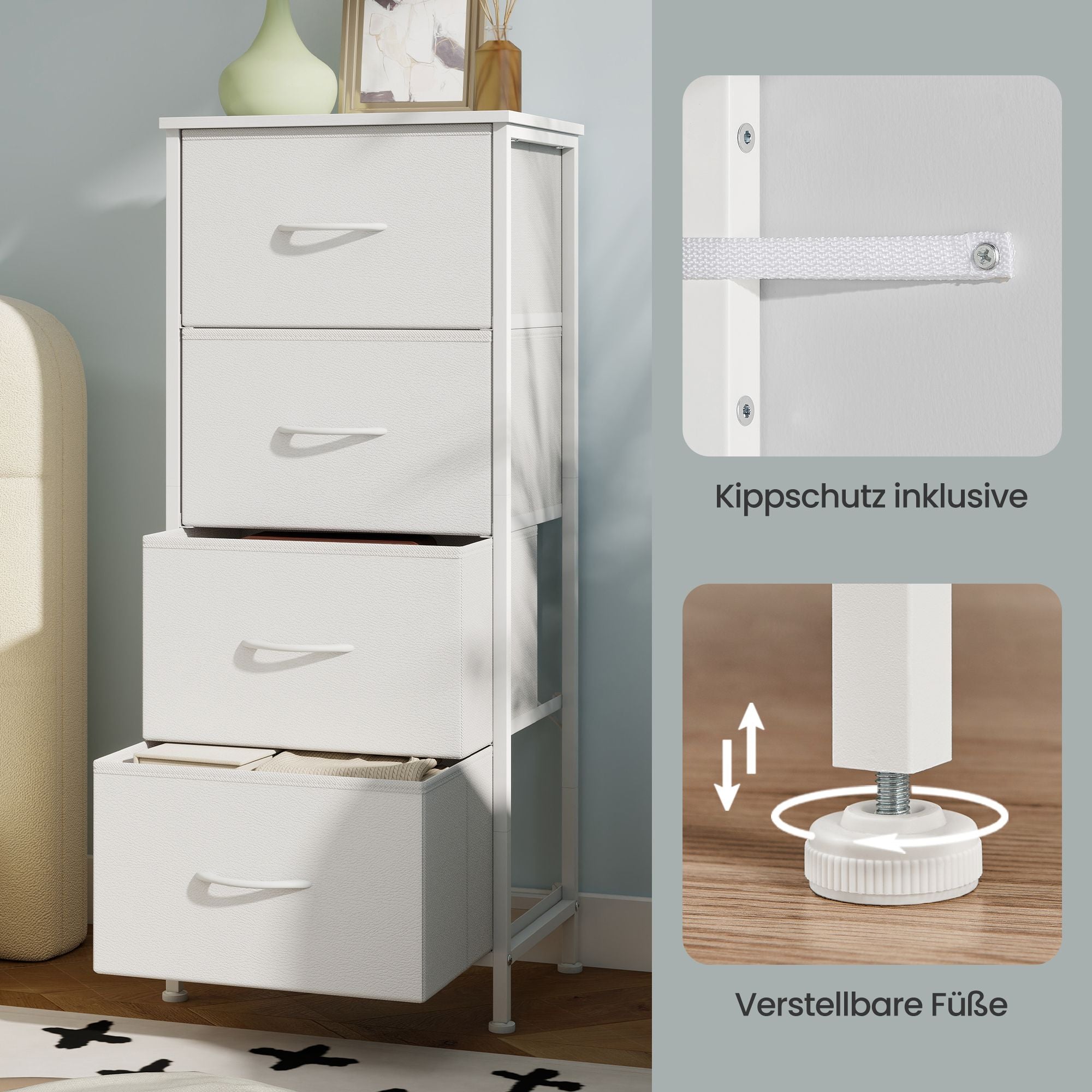 Kommode, Schrank, 4 Stoffschubladen