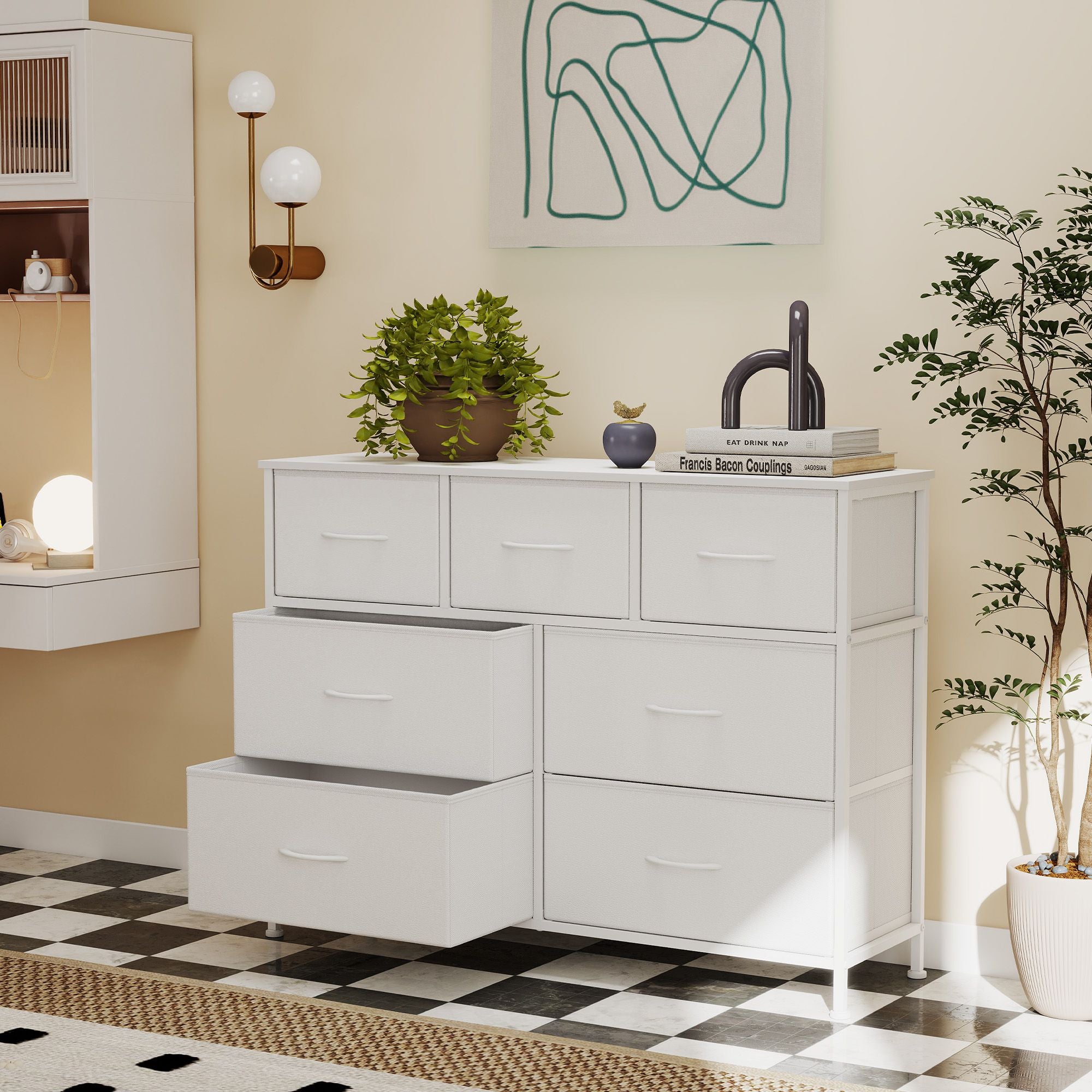 Kommode, Schrank, 7 Stoffschubladen