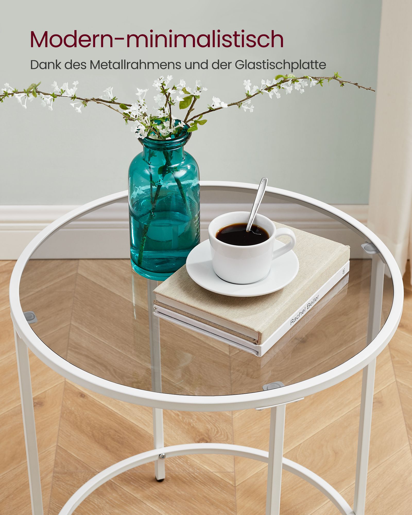 Beistelltisch rund aus Hartglas und Metallgestell perlweiß-schiefergrau