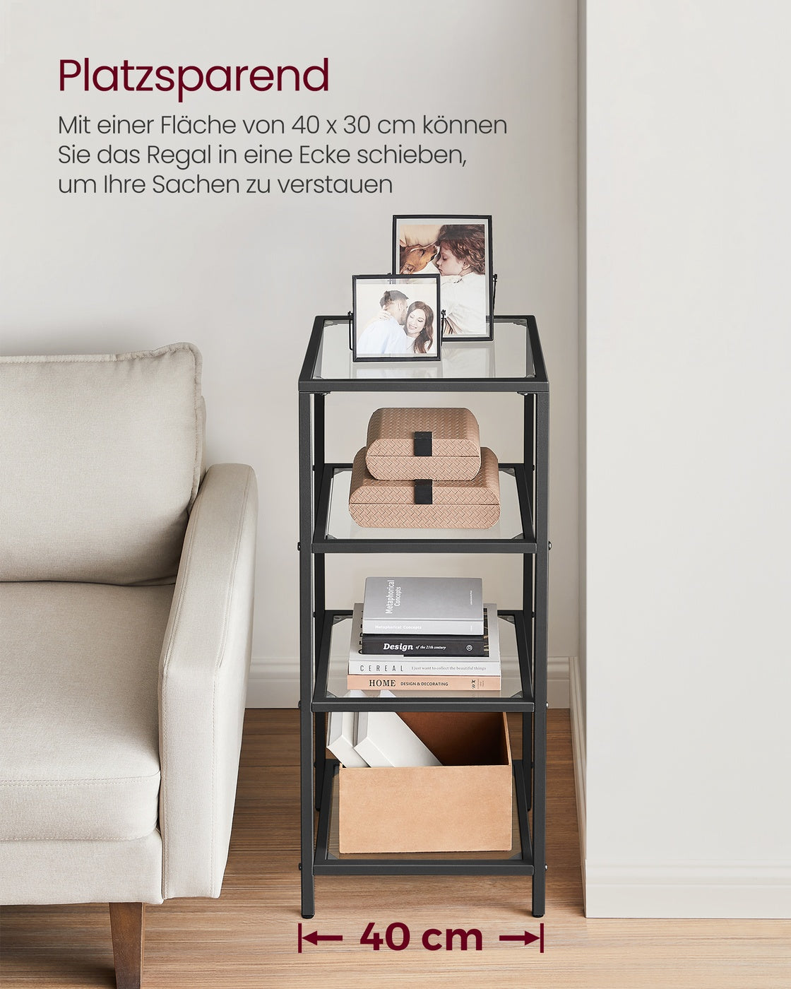 Standregal mit 4 Ablagen aus Hartglas Schwarz