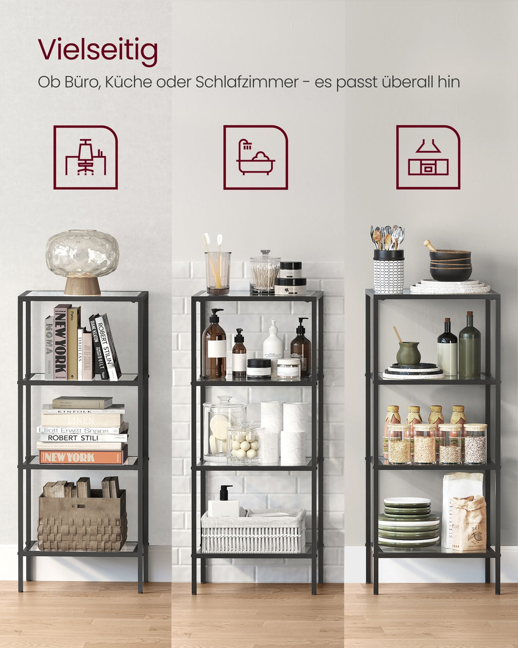 Standregal mit 4 Ablagen aus Hartglas Schwarz