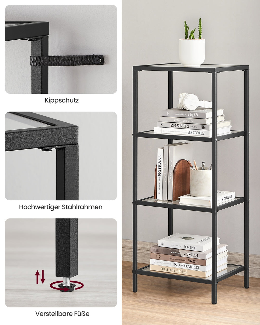 Standregal mit 4 Ablagen aus Hartglas Schwarz