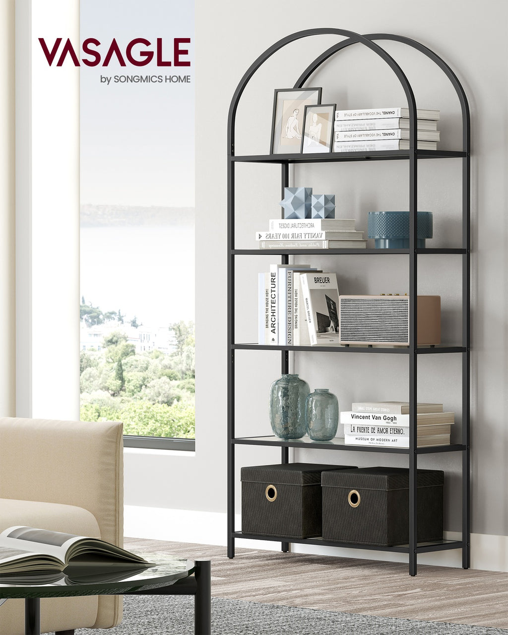 Regal 5 Ebenen aus Hartglas und Metall schwarz-grau