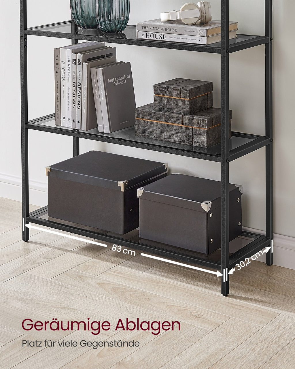 Regal 5 Ebenen aus Hartglas und Metall schwarz-grau