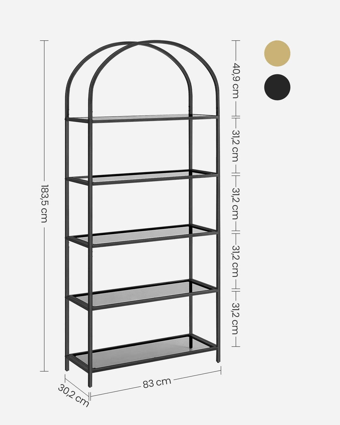 Regal 5 Ebenen aus Hartglas und Metall schwarz-grau