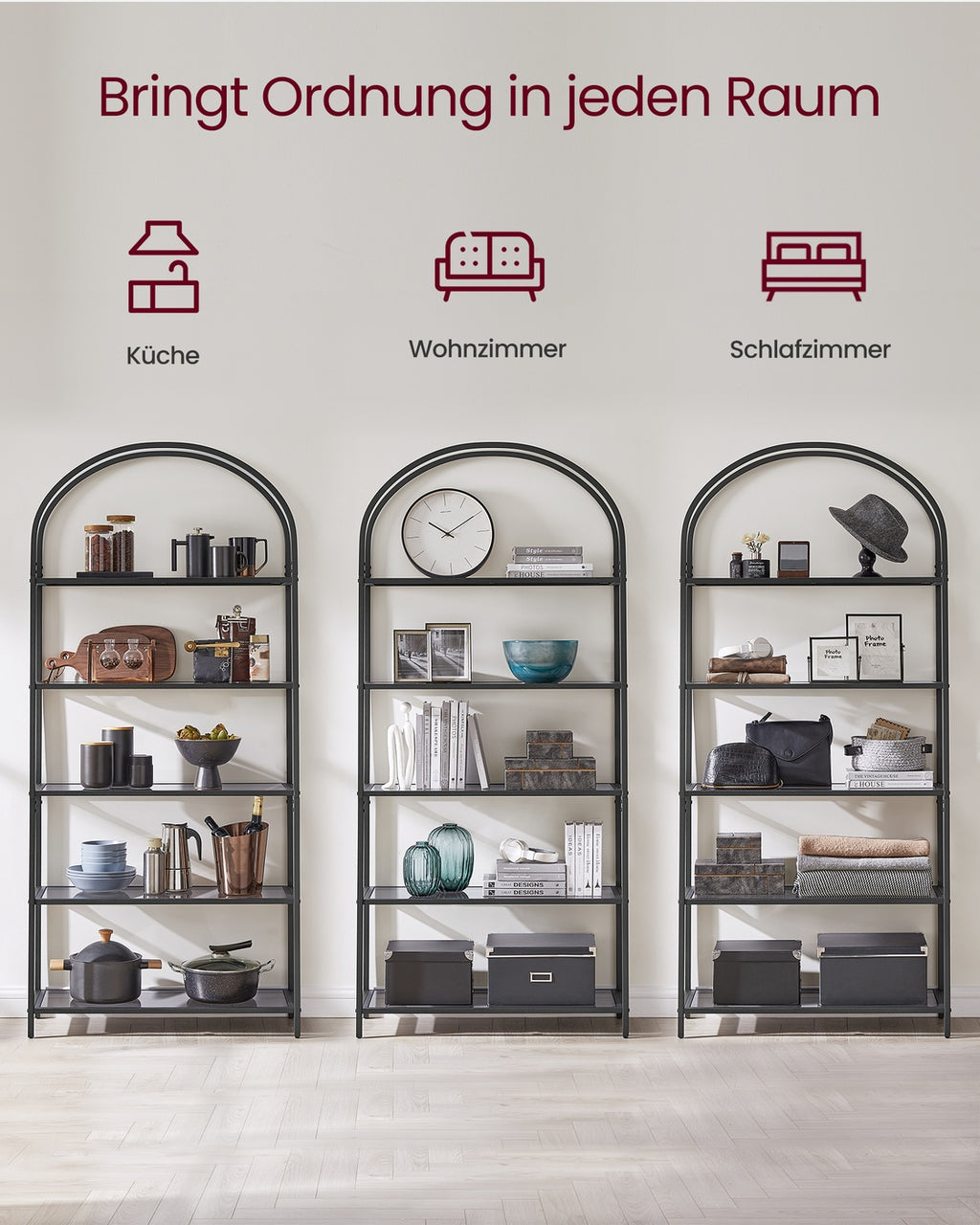 Regal 5 Ebenen aus Hartglas und Metall schwarz-grau