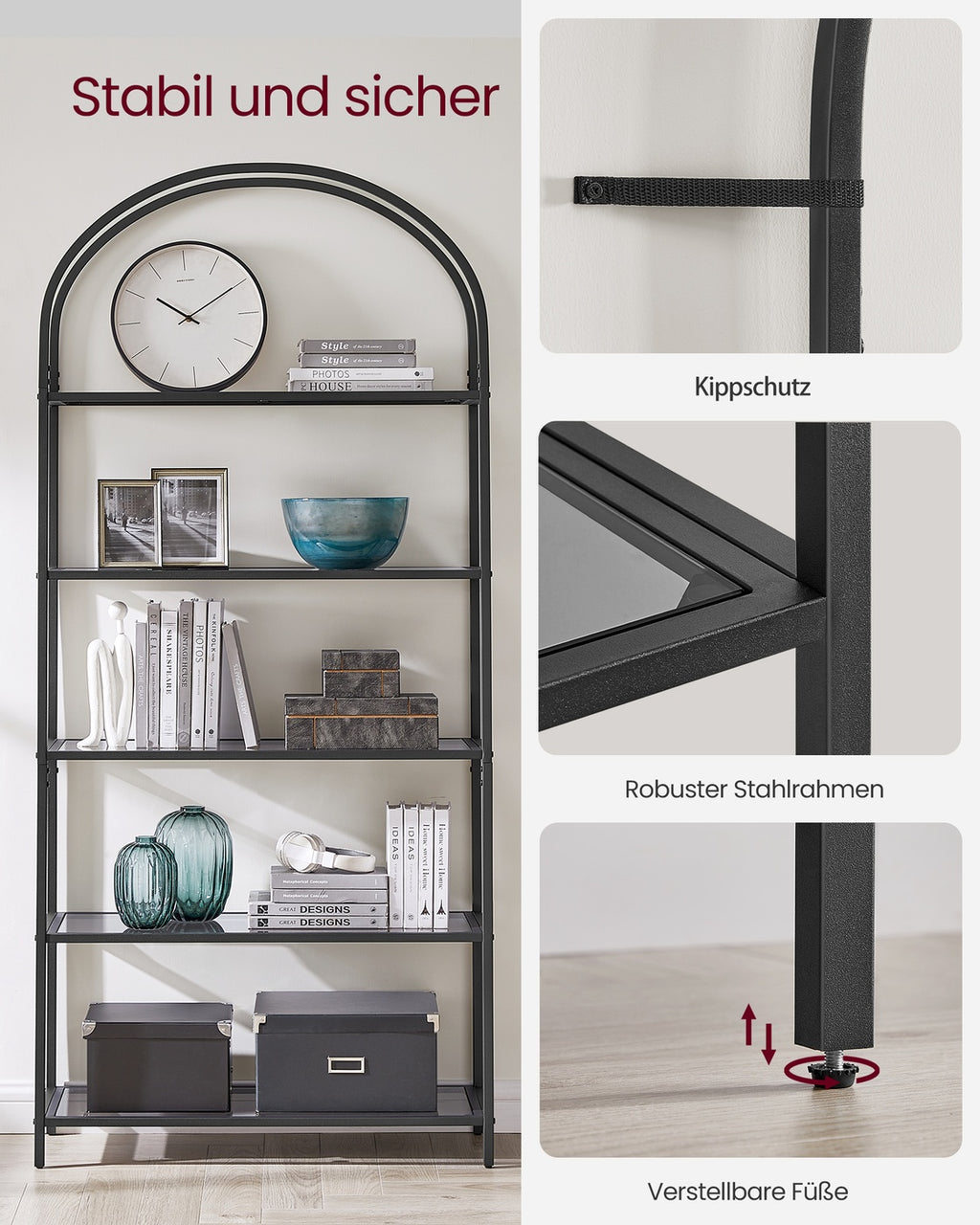 Regal 5 Ebenen aus Hartglas und Metall schwarz-grau