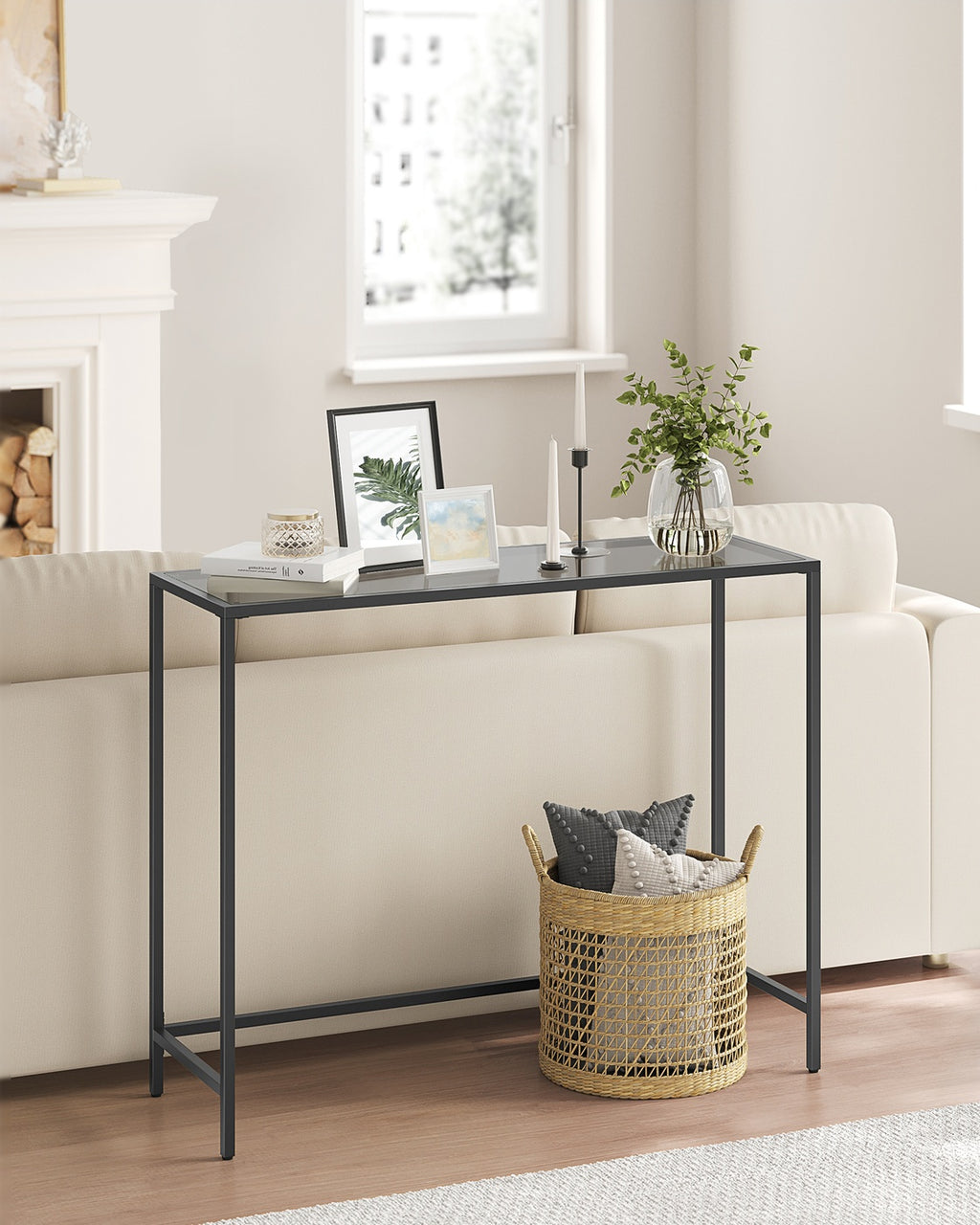 Konsolentisch mit Glasplatte für modernes Wohnzimmer tintenschwarz-schiefergrau
