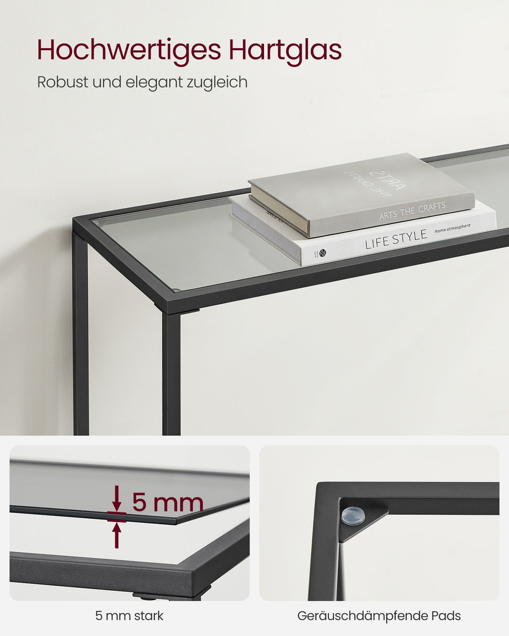 Konsolentisch mit Glasplatte für modernes Wohnzimmer tintenschwarz-schiefergrau