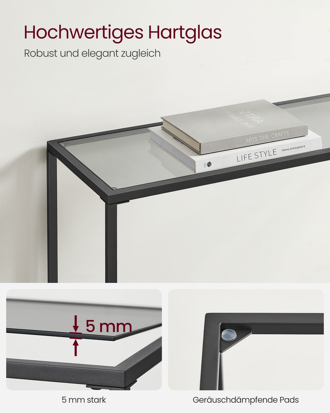Konsolentisch mit Glasplatte für modernes Wohnzimmer tintenschwarz-schiefergrau