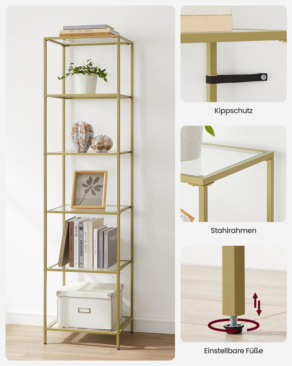 Glasregal mit 6 Ablagen goldfarben