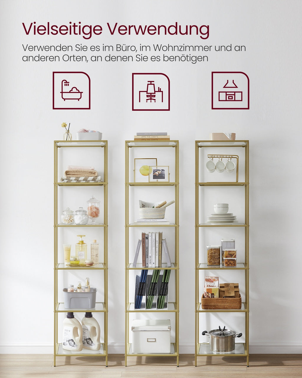 Glasregal mit 6 Ablagen goldfarben