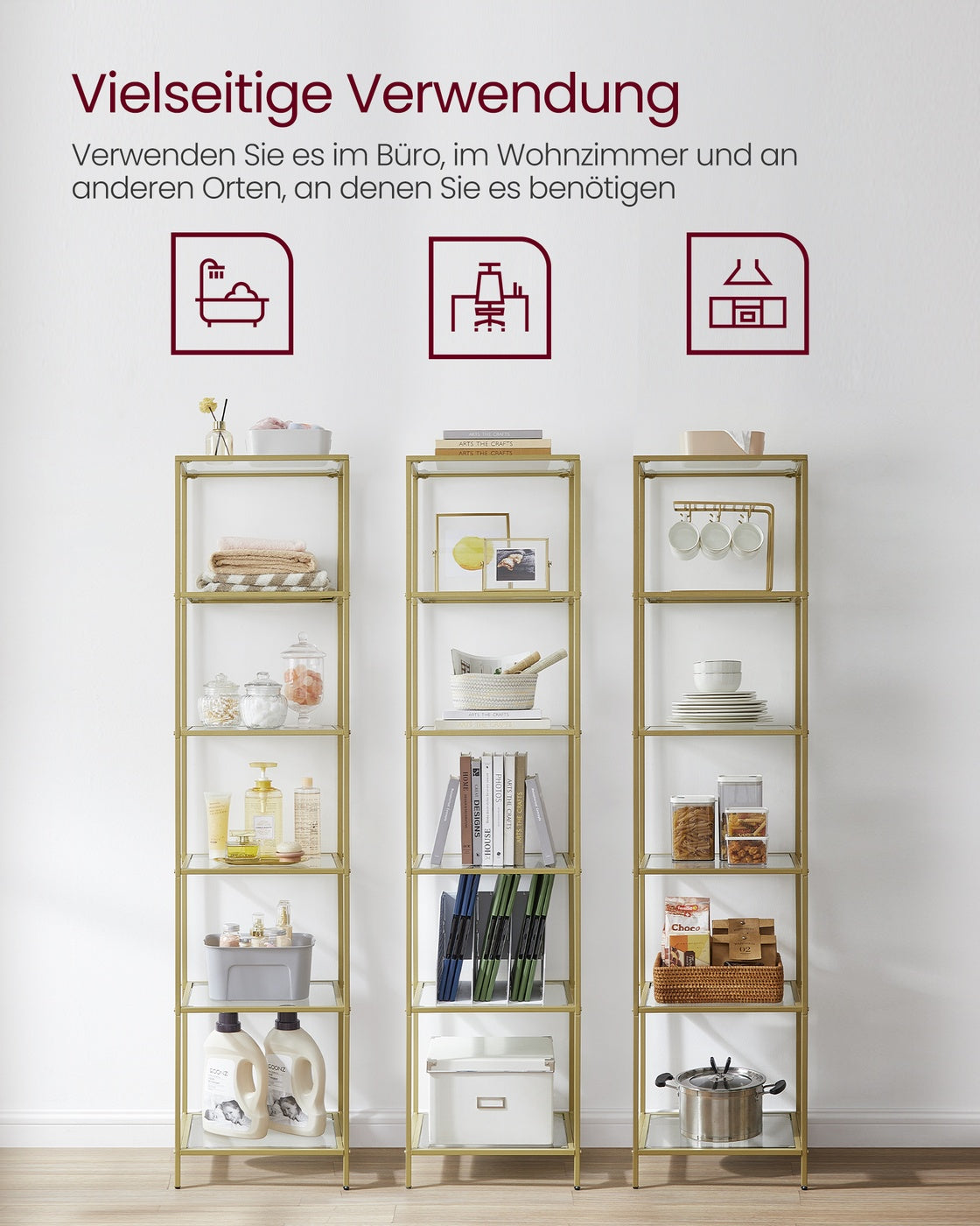 Glasregal mit 6 Ablagen goldfarben