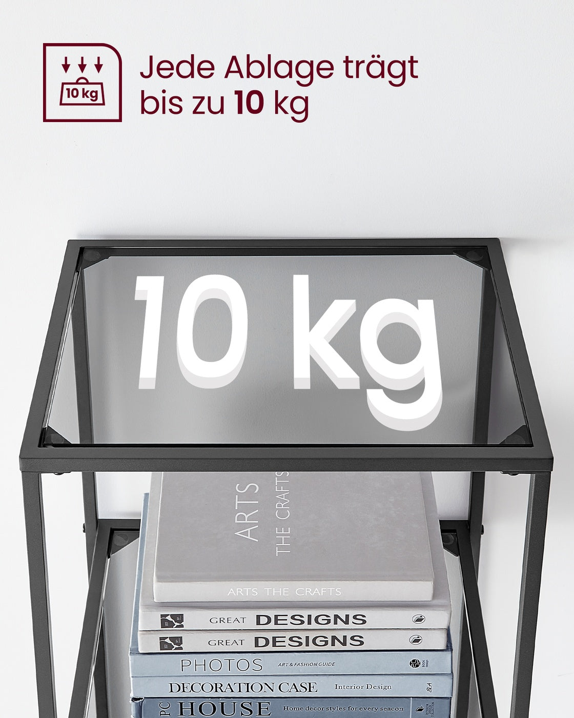 Regal mit 6 Ablagen aus gehärtetem Glas schwarz-grau