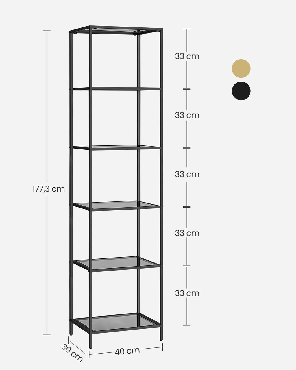 Regal mit 6 Ablagen aus gehärtetem Glas schwarz-grau