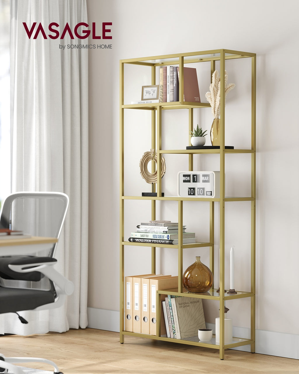 Bücherregal mit 6 Ablagen gold-transparent