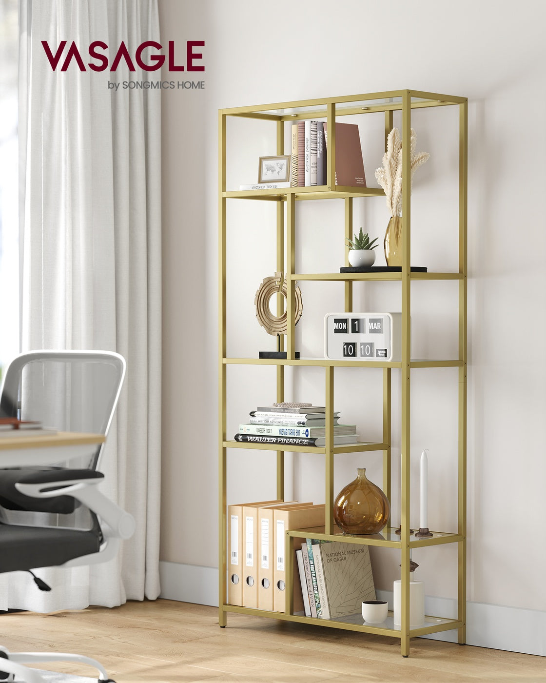 Bücherregal mit 6 Ablagen gold-transparent