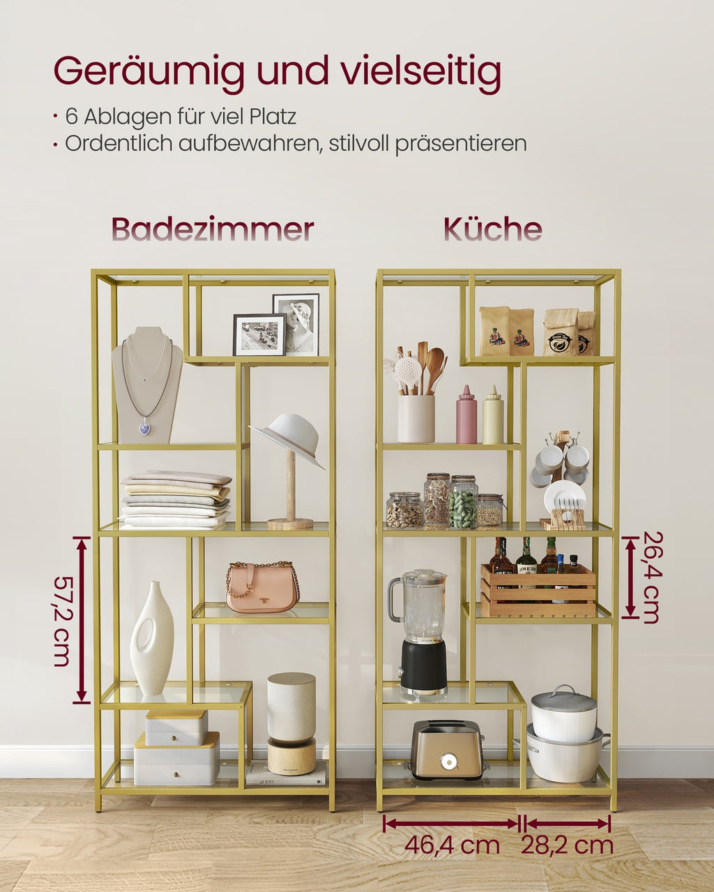 Bücherregal mit 6 Ablagen gold-transparent
