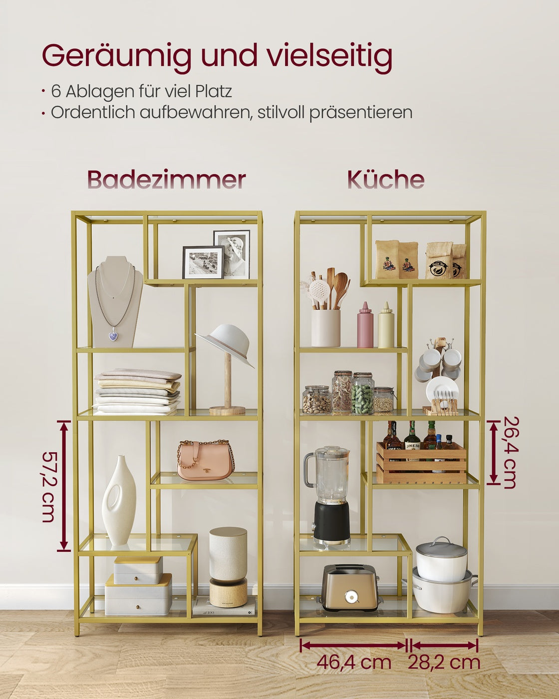 Bücherregal mit 6 Ablagen gold-transparent